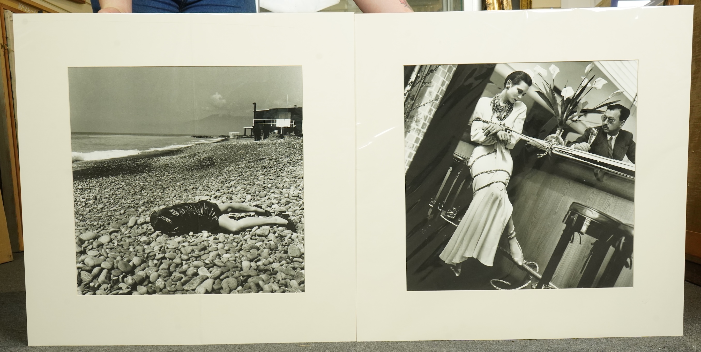 Helmut Newton (1920-2004), Tina and Michael Chow & On the beach, Bordighera, photolithographs (2), 46 x 46cm